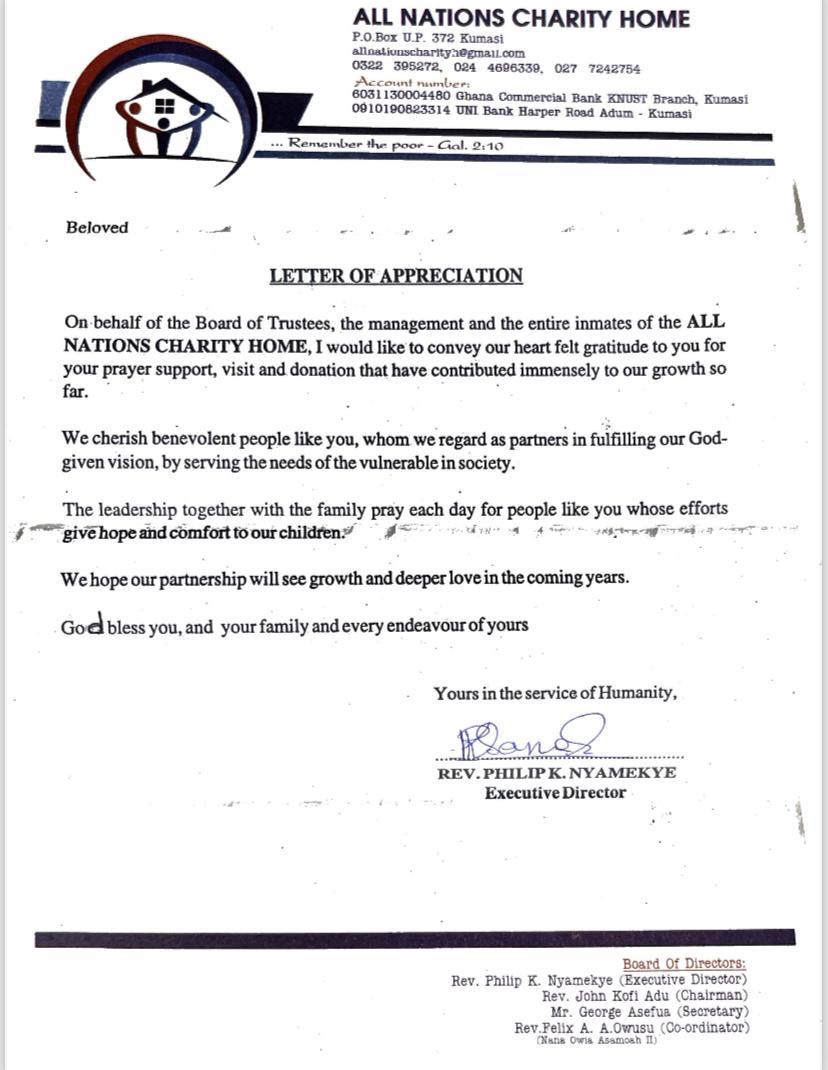 Letter of appreciation — All Nations Charity Home