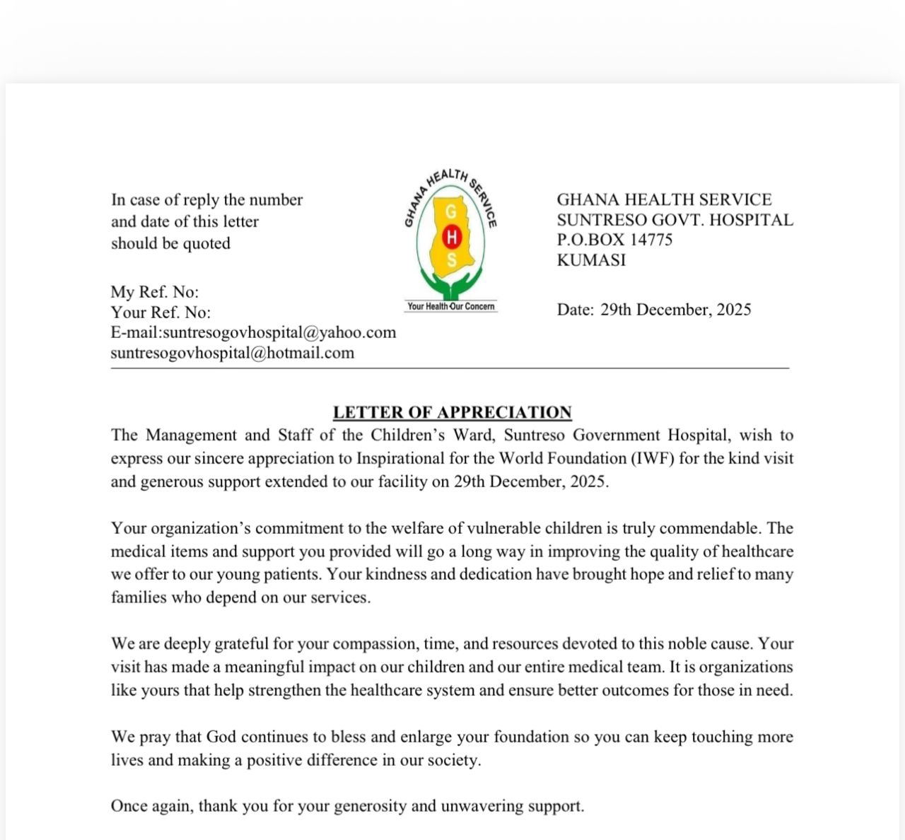 Letter of appreciation — Suntreso Government Hospital